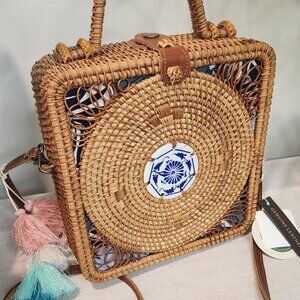 New Handwoven Rattan Crossbody Bag with Blue and White Ceramic Accent | Boho Chi
